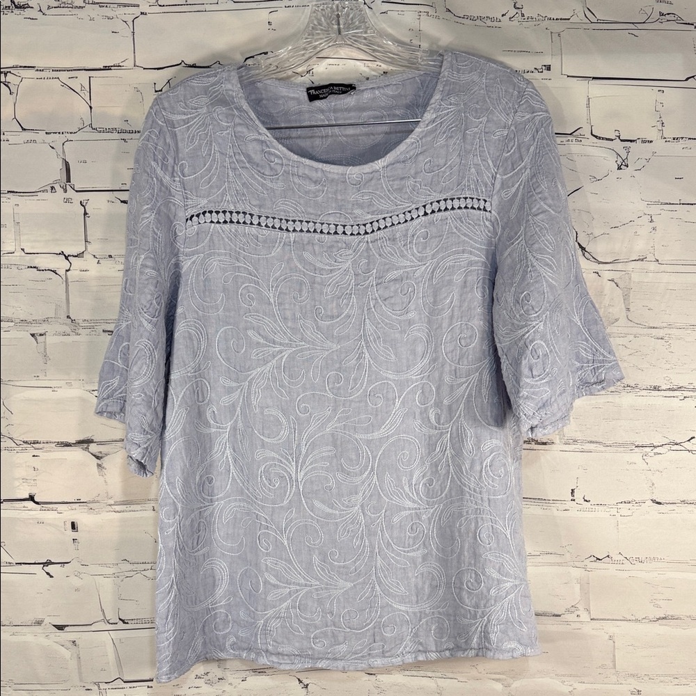 Francesca Bettini Lilac Italian‎ Linen Embroidered Women's Blouse EUC